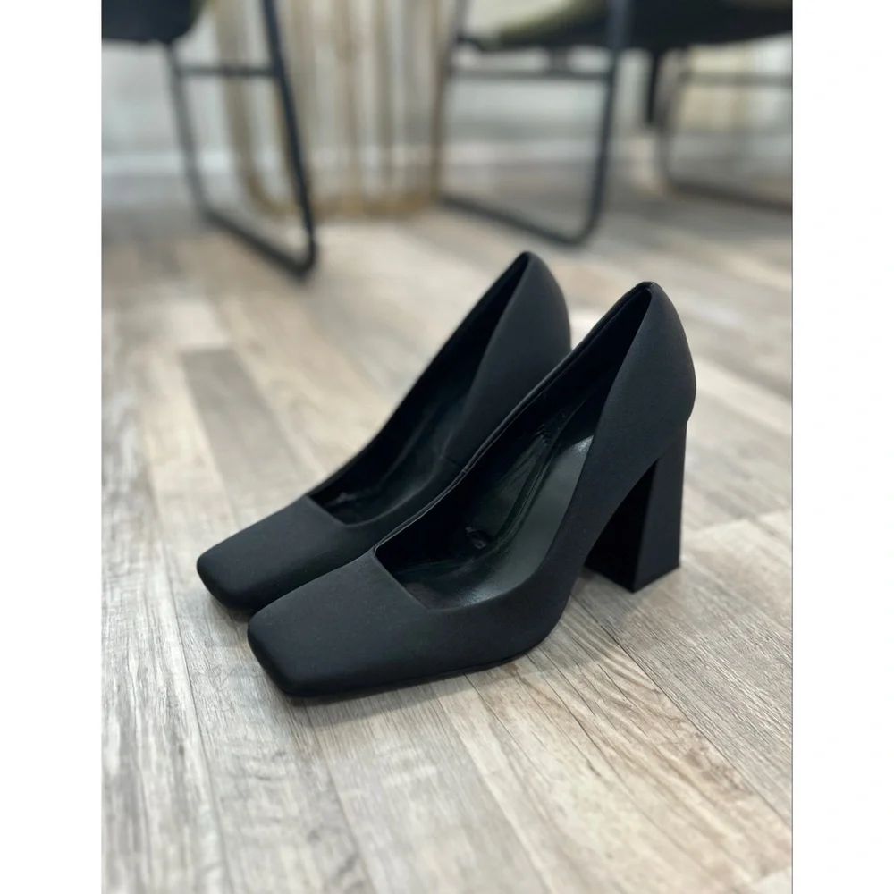 Zara Women’s Squared Toe Black Block Heel Pumps Shoes Size 39/8.5 Satin Classic - Picture 6 of 11